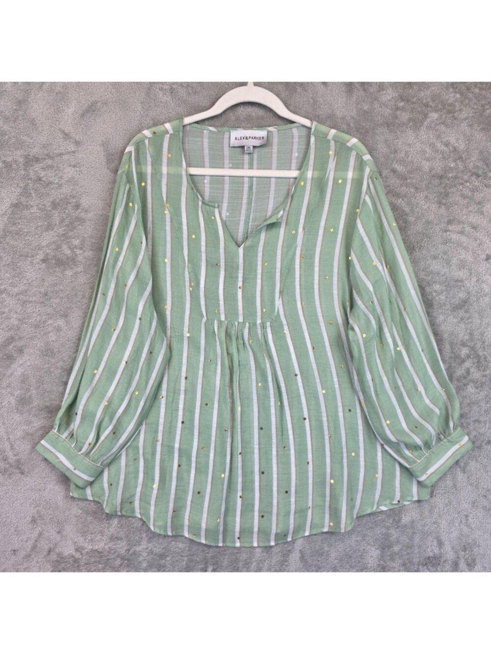 ALEX & PARKER Blouse Womens 2XL Green V Neck Long Balloon Sleeve Striped Tunic